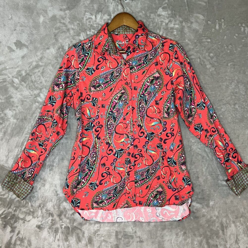 Robert Graham Red Pasiley Long Sleeve Button Down Roll Up Cuff Size Small